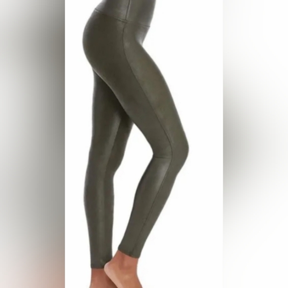 Spanx small olive green high waisted sculpting faux leather metallic leggings - Picture 3 of 11